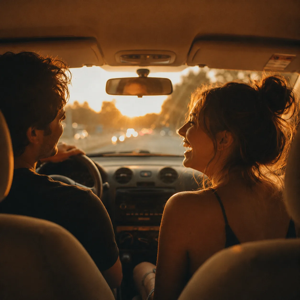 A couple laughing in a car at golden hour