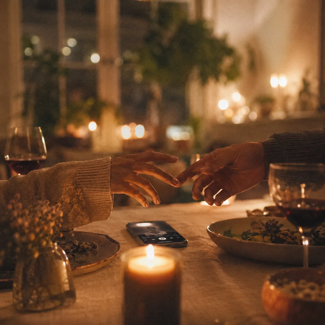 Two hands across a candlelit dinner table