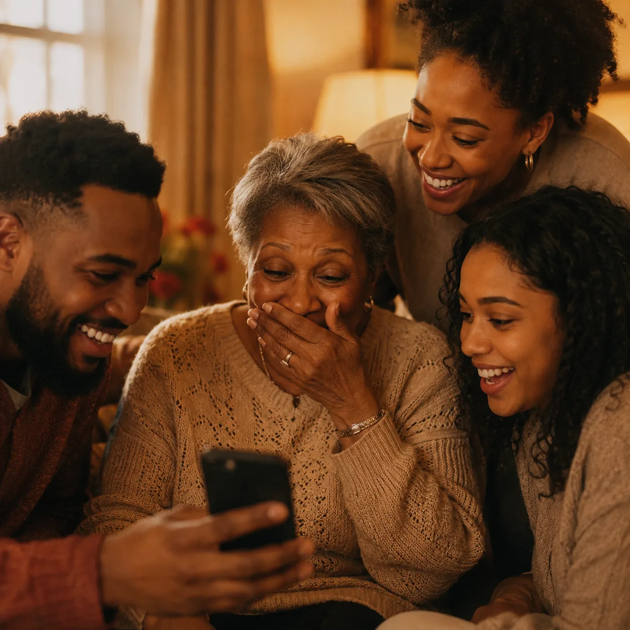 A grandmother laughing with joy surrounded by family