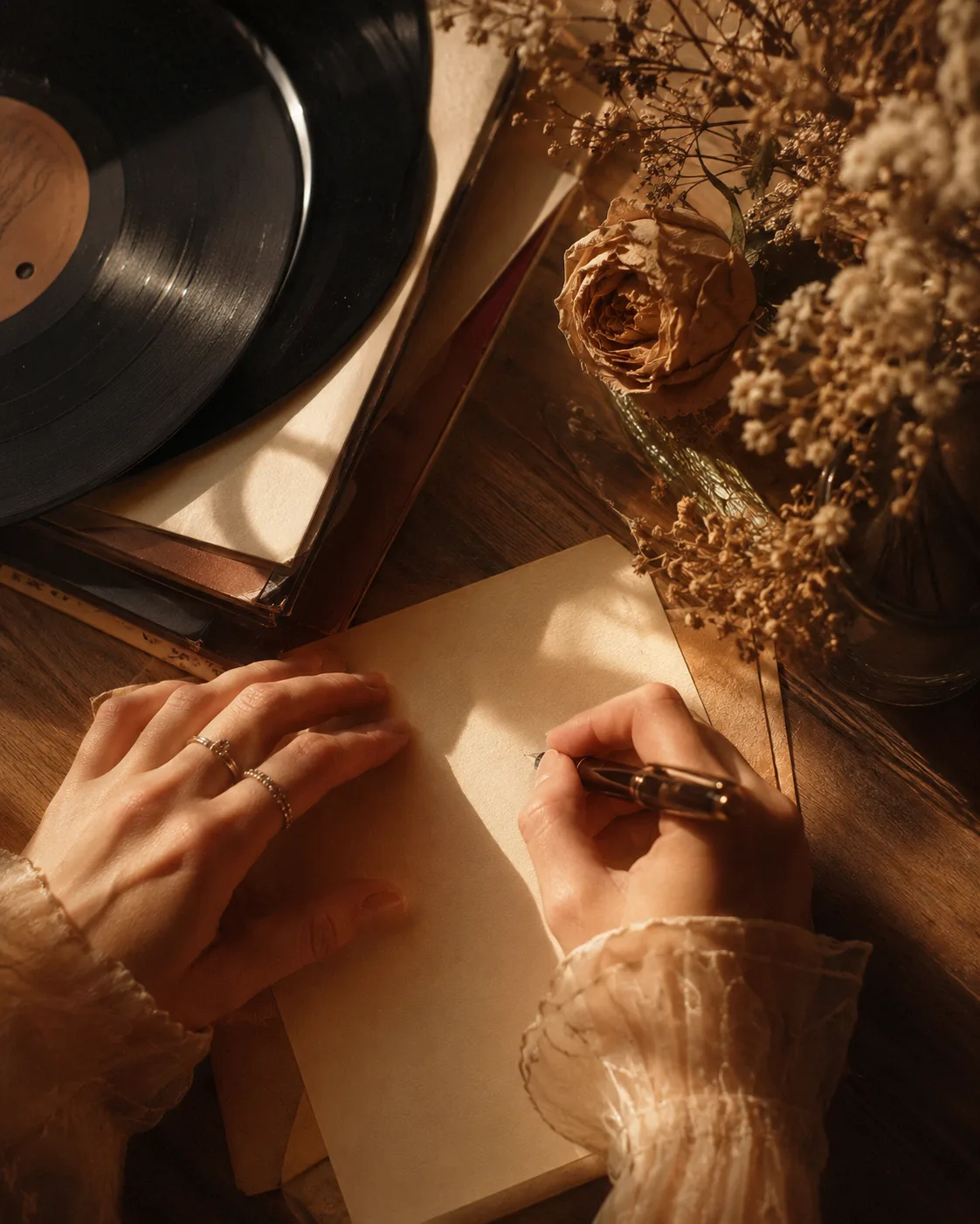 A handwritten letter next to vinyl records